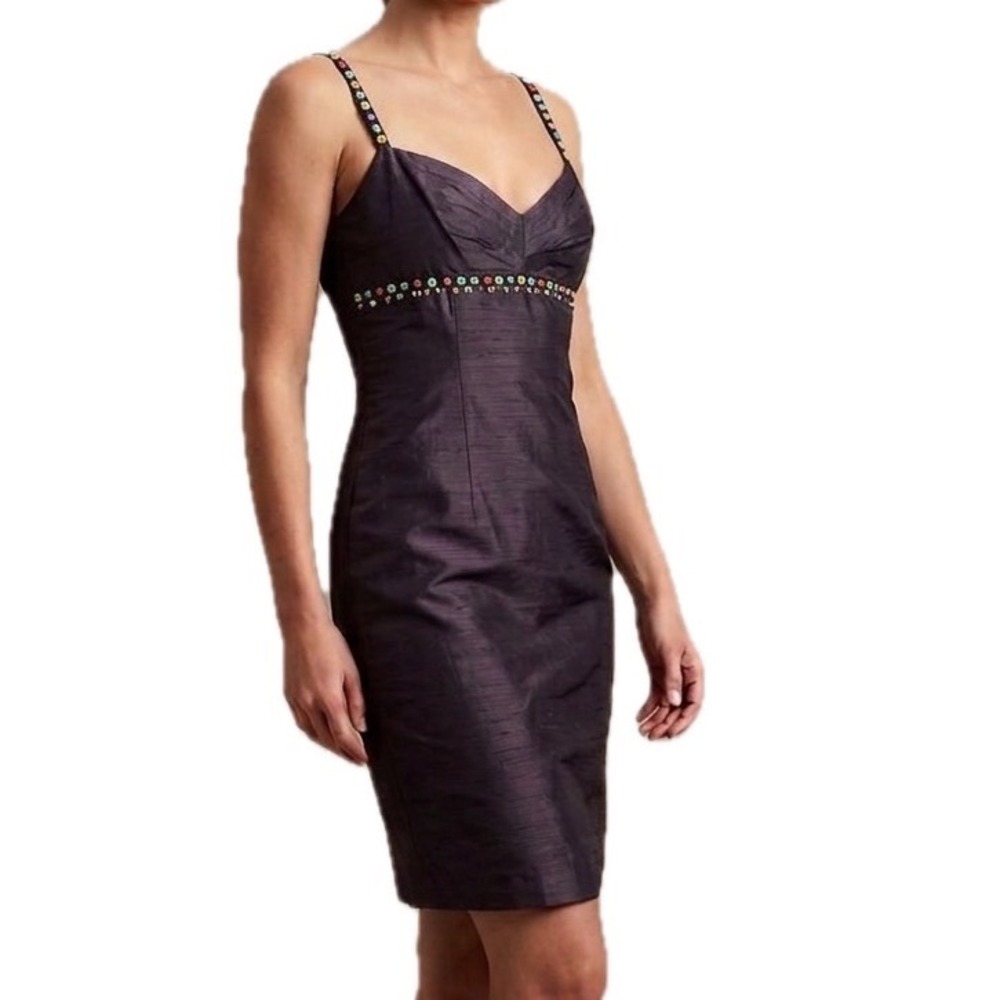 Laundry by Shelli Segal Black Beaded Floral Shantung Cocktail Dress Sheath VTG 6